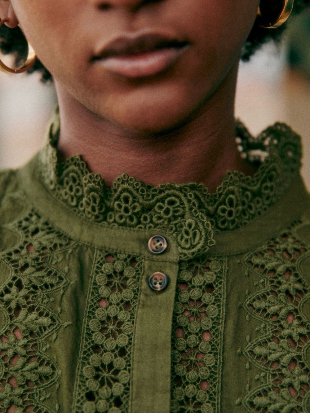 Sezane Olive Green Lace-Panel Button-Down Blouse - Picture 2 of 4